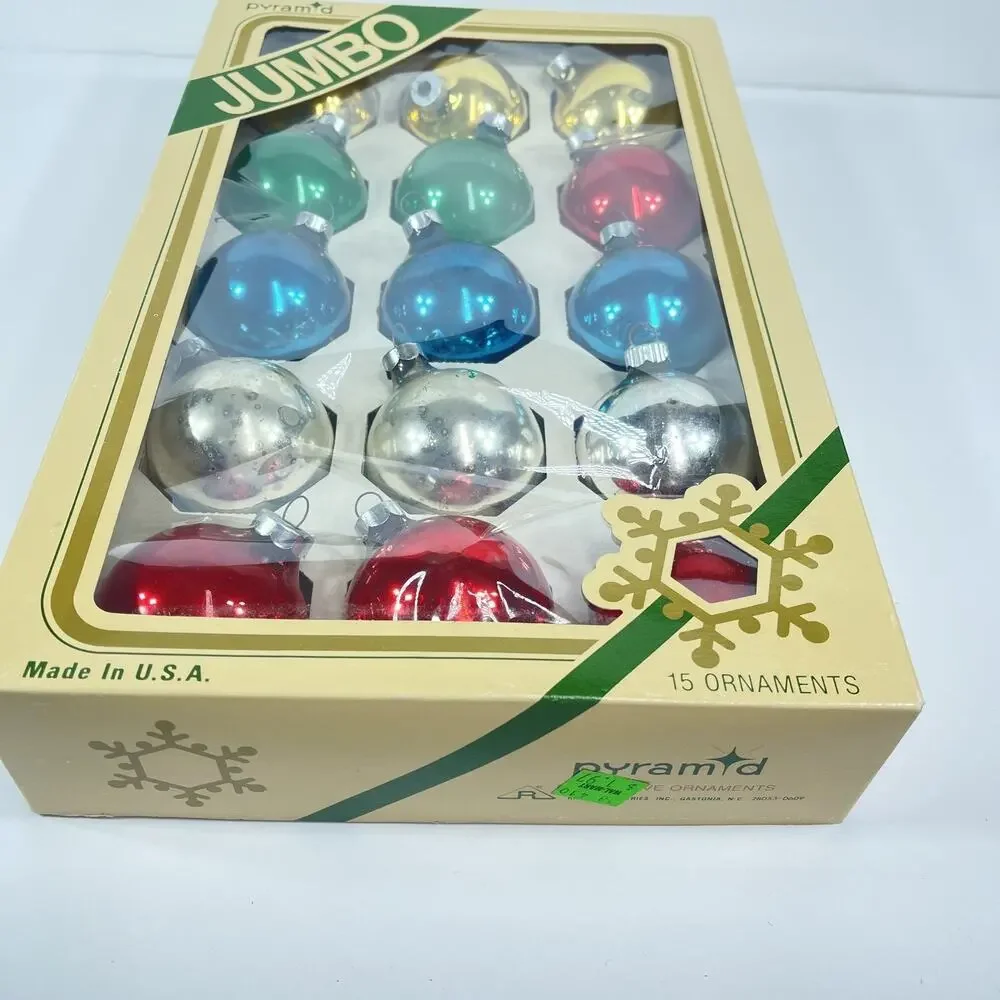 Vintage Pyramid Jumbo Glass Christmas Ornaments 15 ct USA 1970s Original w/Hooks